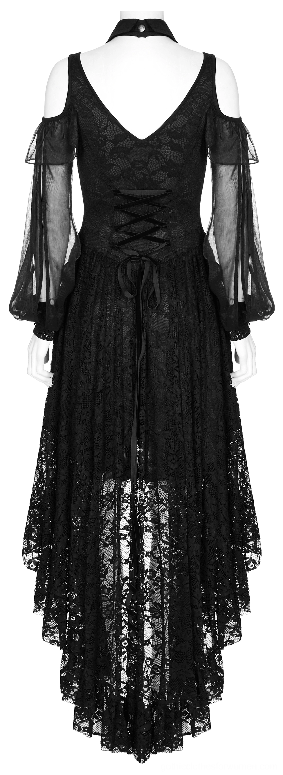Black gothic lace maxi dress back view on mannequin, featuring open back and lace-up corset closure with velvet cord