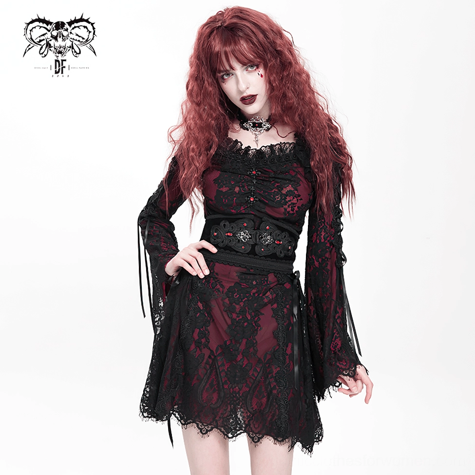 Opening shot of Victorian gothic lace mini dress front angle highlighting overall silhouette and design elements