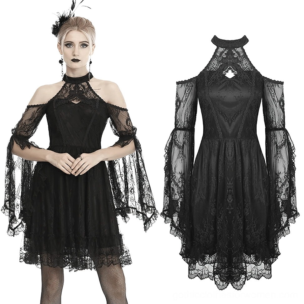 Black lace bell sleeve gothic dress front and flat lay view with scalloped hem detail