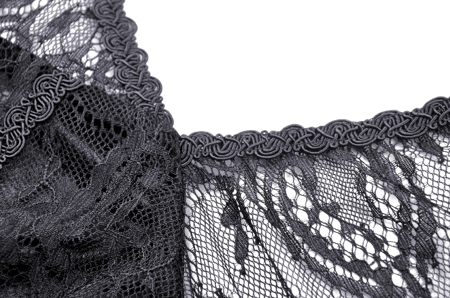 Black lace gothic dress featuring sheer panels and intricate lace overlay detail