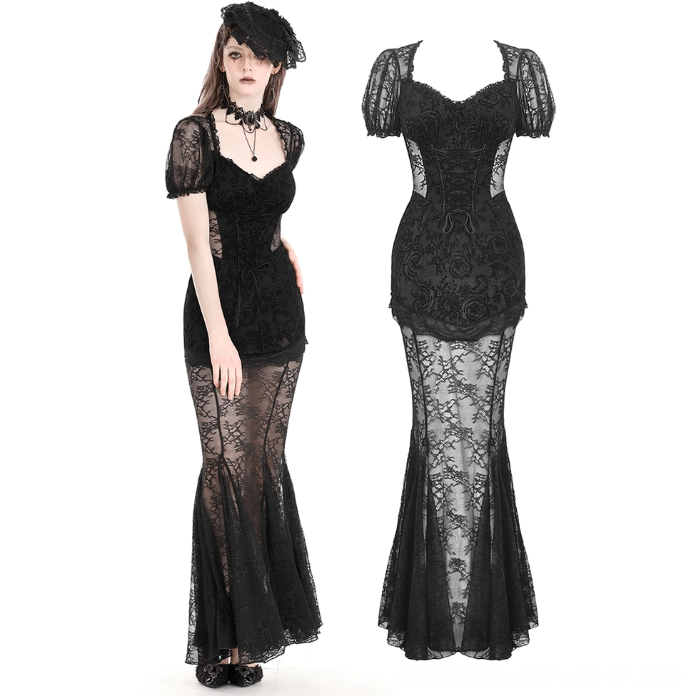 Black gothic lace mermaid dress with corset-style bodice and sheer floral fishtail skirt, side angle and mannequin display