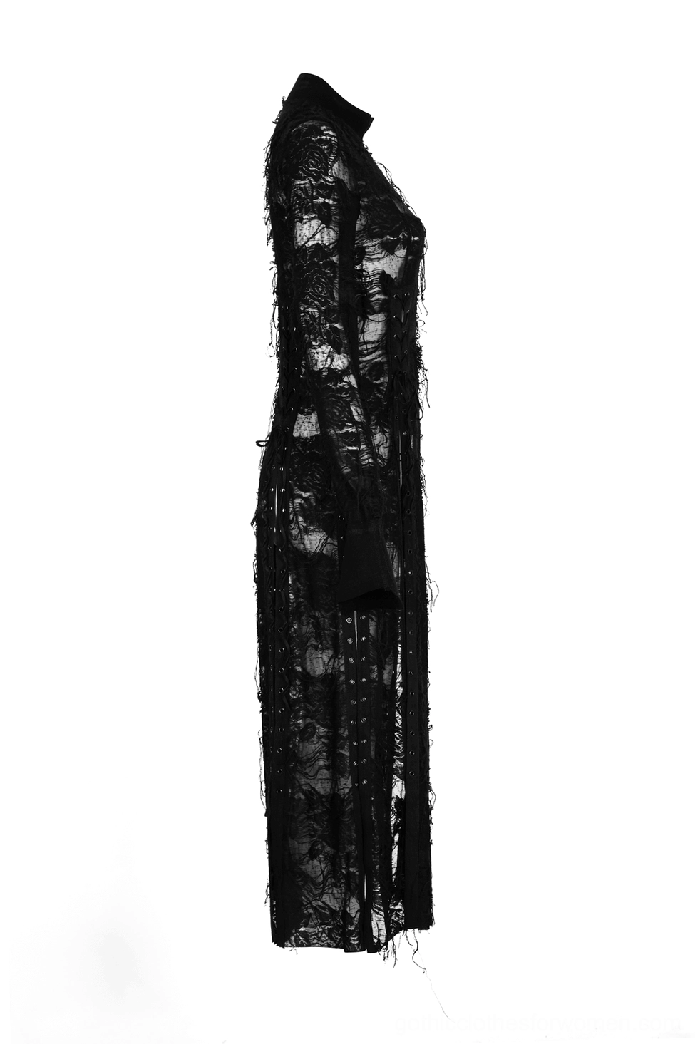 Side profile of black gothic lace maxi dress showing fitted bodice and floor-length silhouette on mannequin