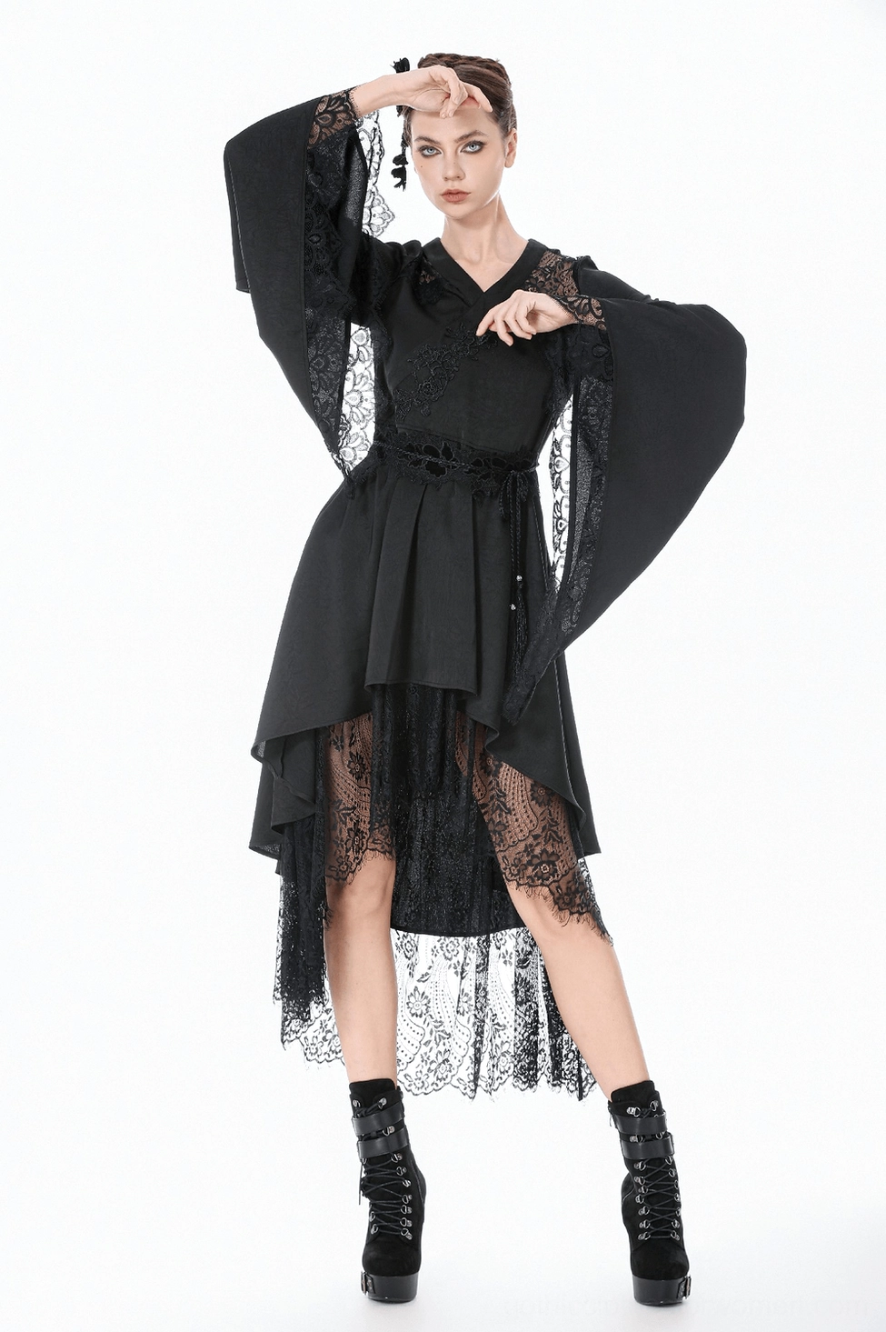 Gothic lace midi dress side profile showing high-low hemline and bell sleeve flow