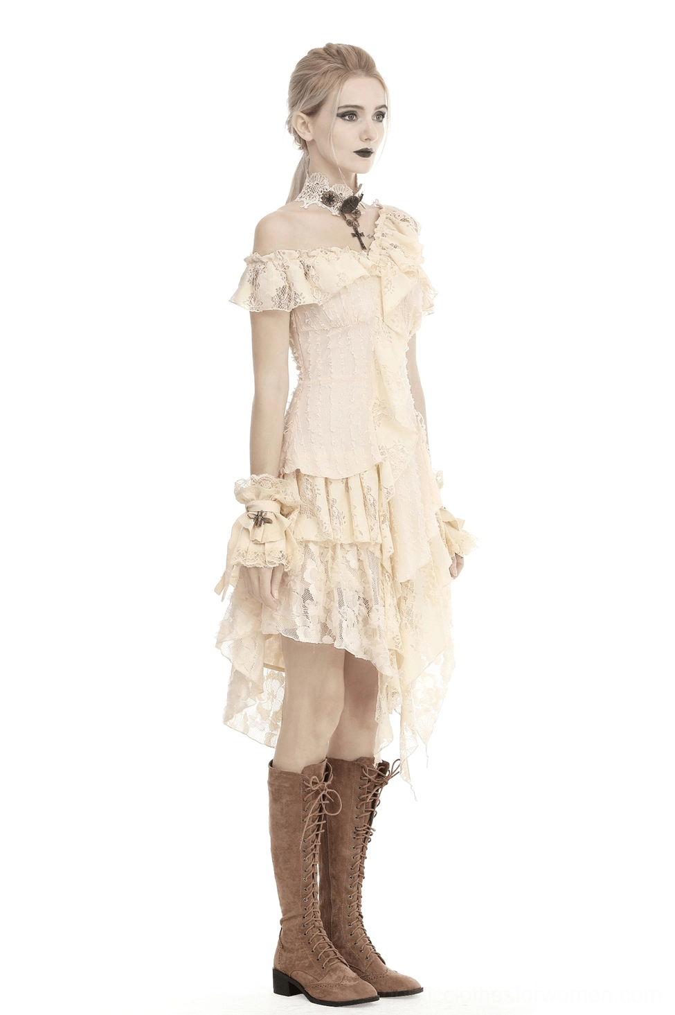 Model wearing off-shoulder gothic lace dress showing full silhouette with ruffled skirt from side angle