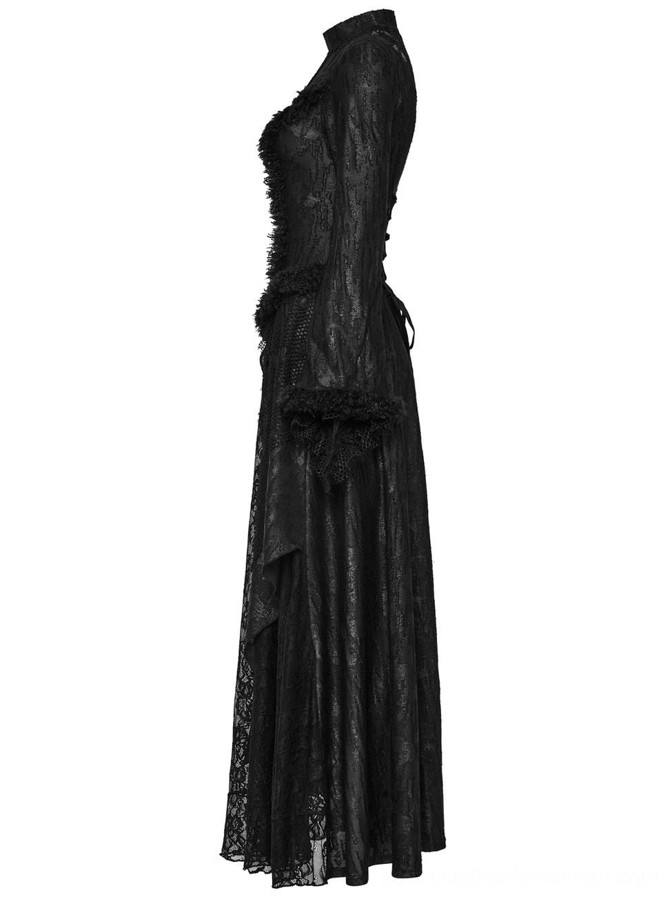 Side profile of gothic lace maxi dress showcasing fitted waist, flowing skirt layers and side lace accents