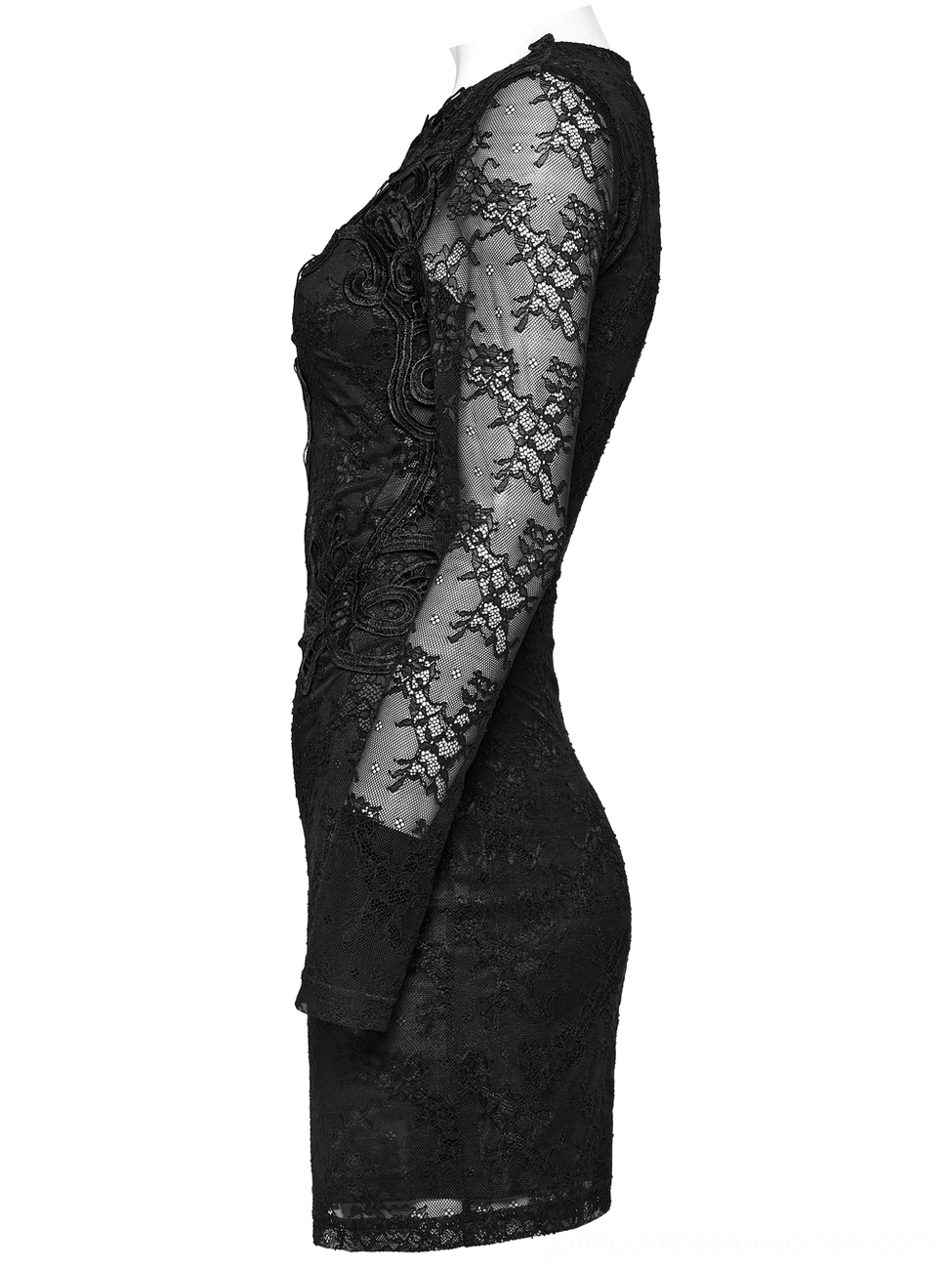 Side view of black gothic bodycon lace dress showing curved silhouette and tailored hem