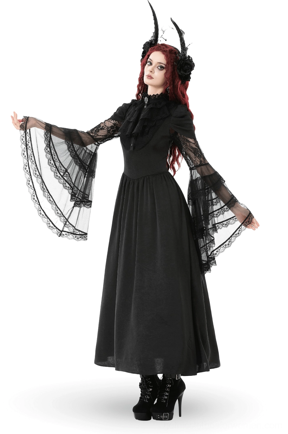 Side three-quarter view of black gothic lace dress showing sheer flared bell sleeves and floor-length A-line skirt with flowing movement