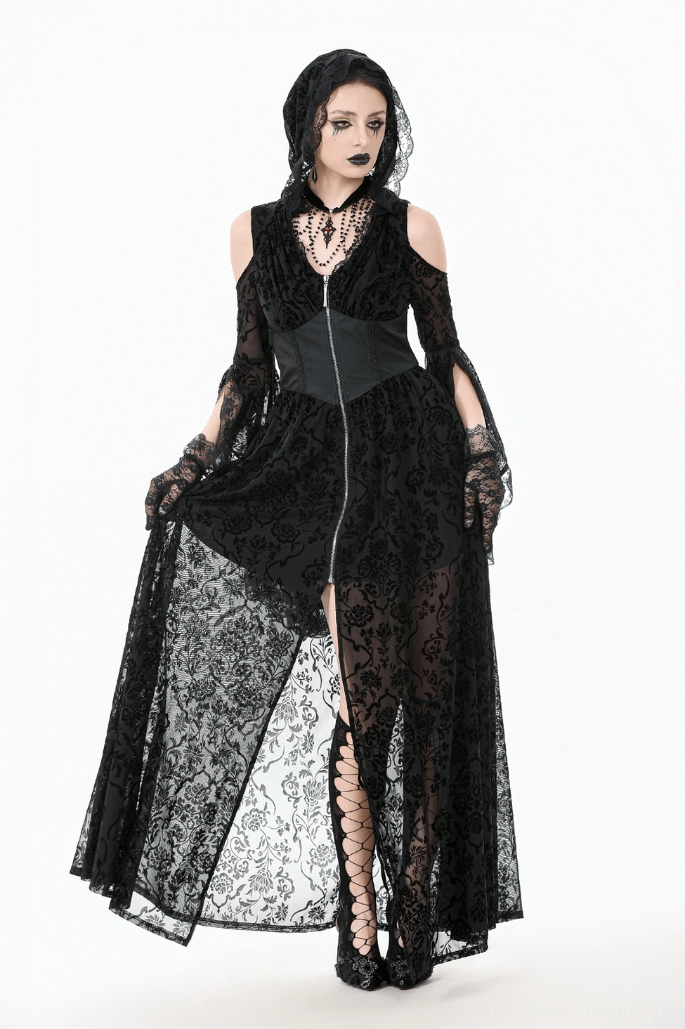 Black gothic lace hooded maxi dress side view showing cold shoulder and flow of fabric