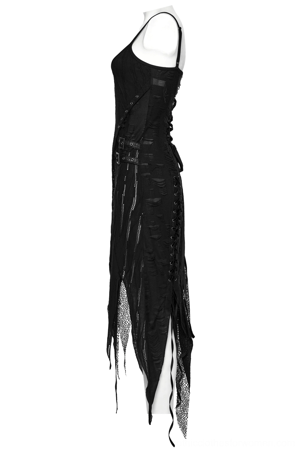 Black gothic asymmetric lace dress side view showing lace-up side detail and spaghetti strap