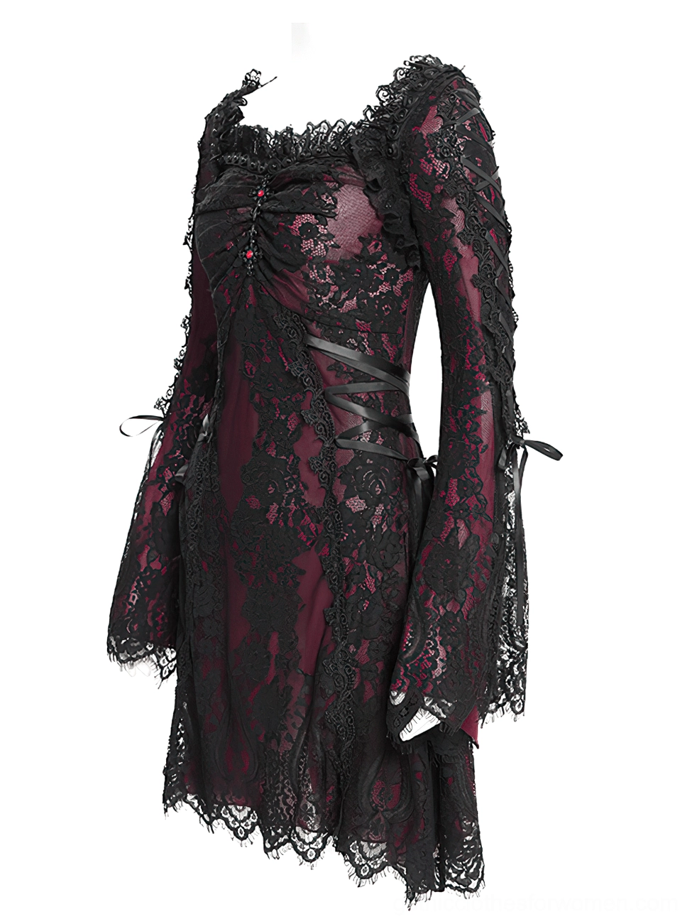 Side three-quarter view of gothic lace mini dress on mannequin displaying side ribbon lacing and fitted waist design