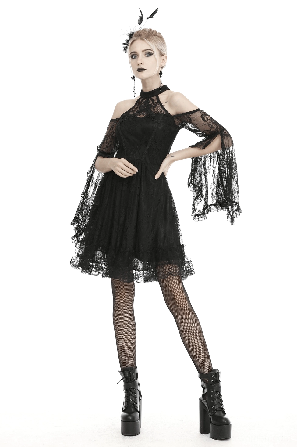 Black lace gothic dress side view highlighting silhouette and bell sleeve length