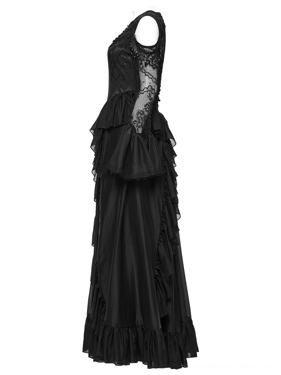 Black gothic lace maxi dress side profile on mannequin, showing single delicate lace sleeve, tiered ruffled skirt construction, retro flared cuffs, and fitted waist