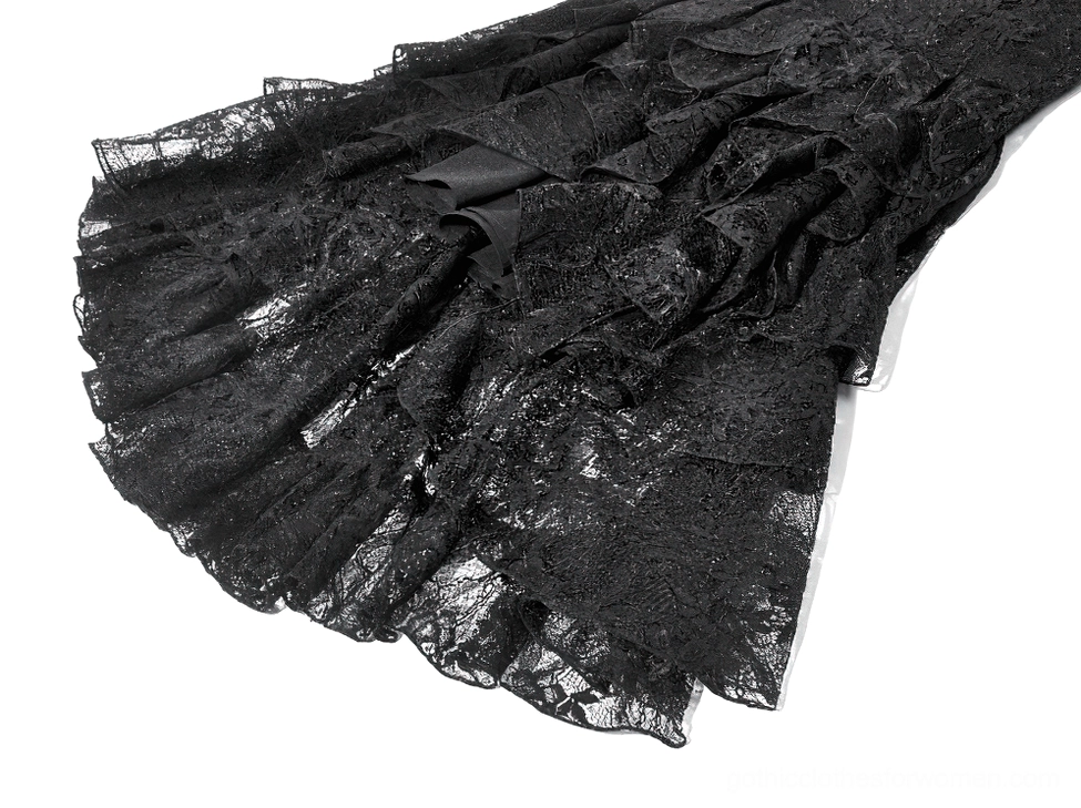 Side close-up detail of black gothic lace dress skirt, showing layered ruffle lace construction and textured floral silhouette
