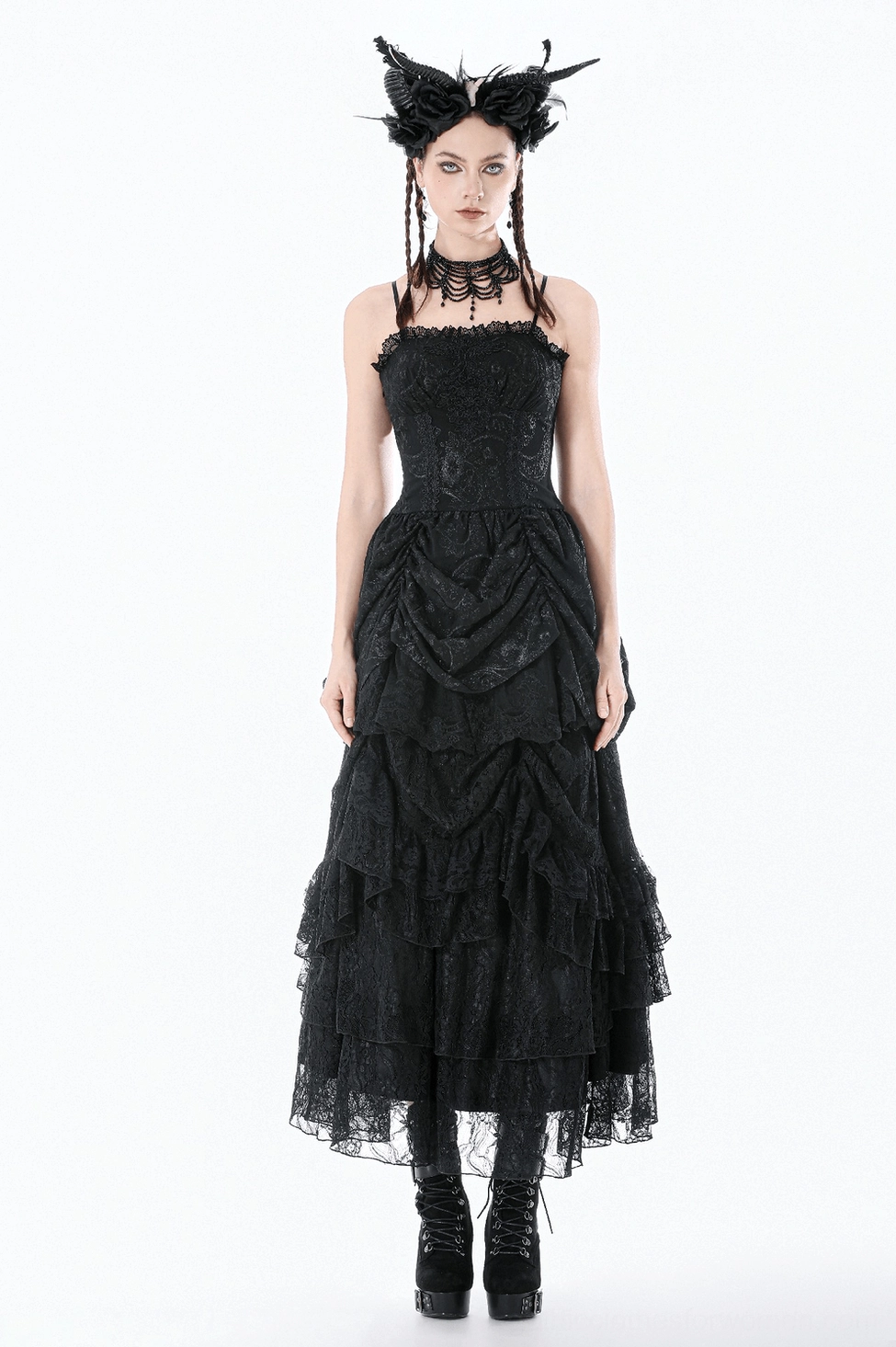 Black gothic lace dress with square neckline and layered ruffled skirt, full-body front model shot