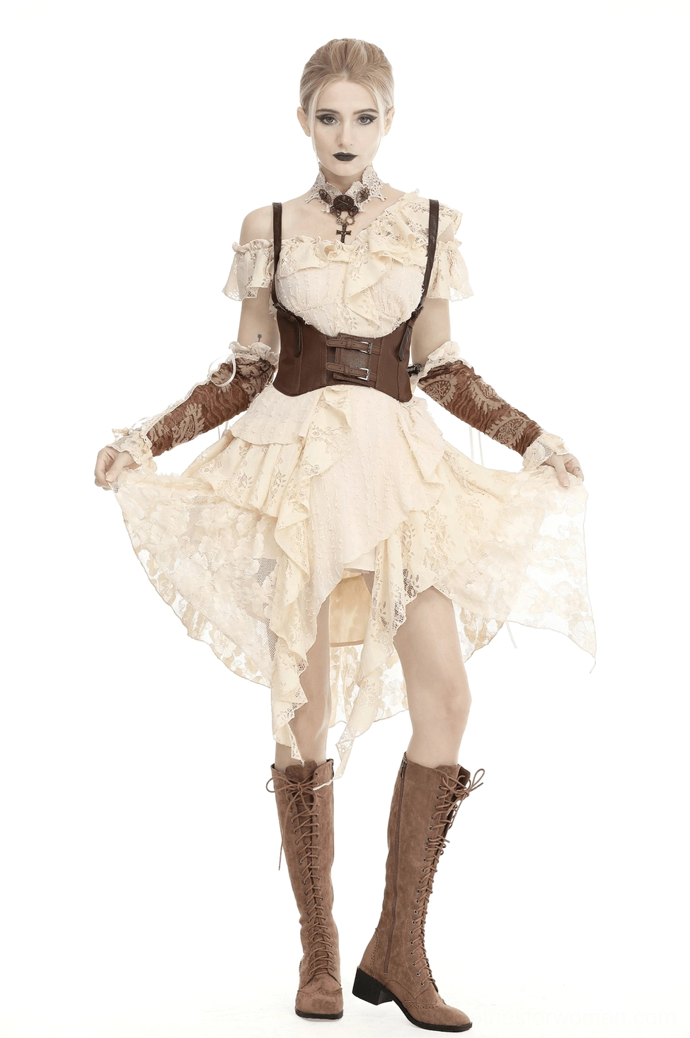 Gothic alternative off-shoulder lace dress on model showing styling with cream embroidered mesh detail view