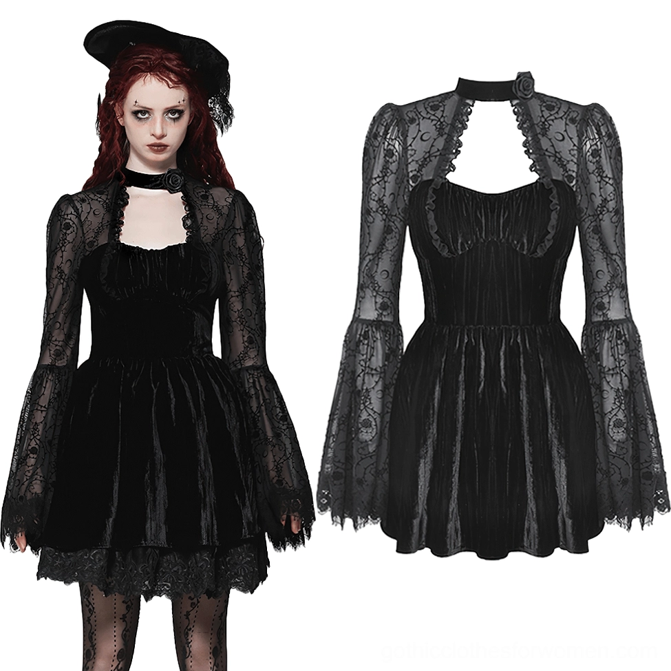 Victorian gothic lace dress with sweetheart neckline and velvet rose choker detail