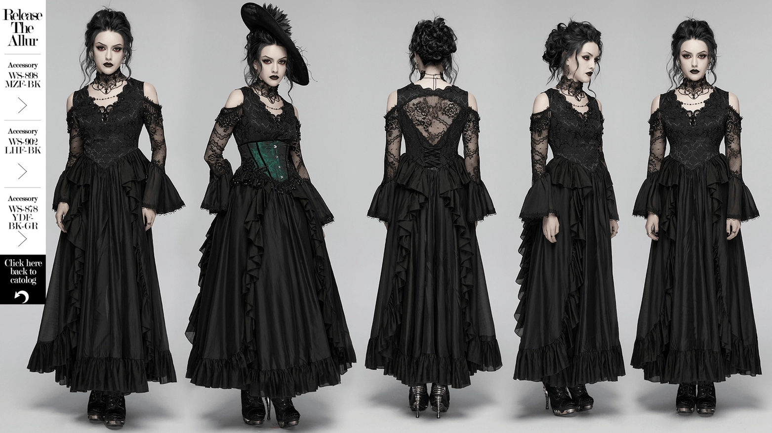 Black gothic lace maxi dress fabric and construction detail, displaying Tencel jacquard material, lace composition, weave pattern, and garment quality