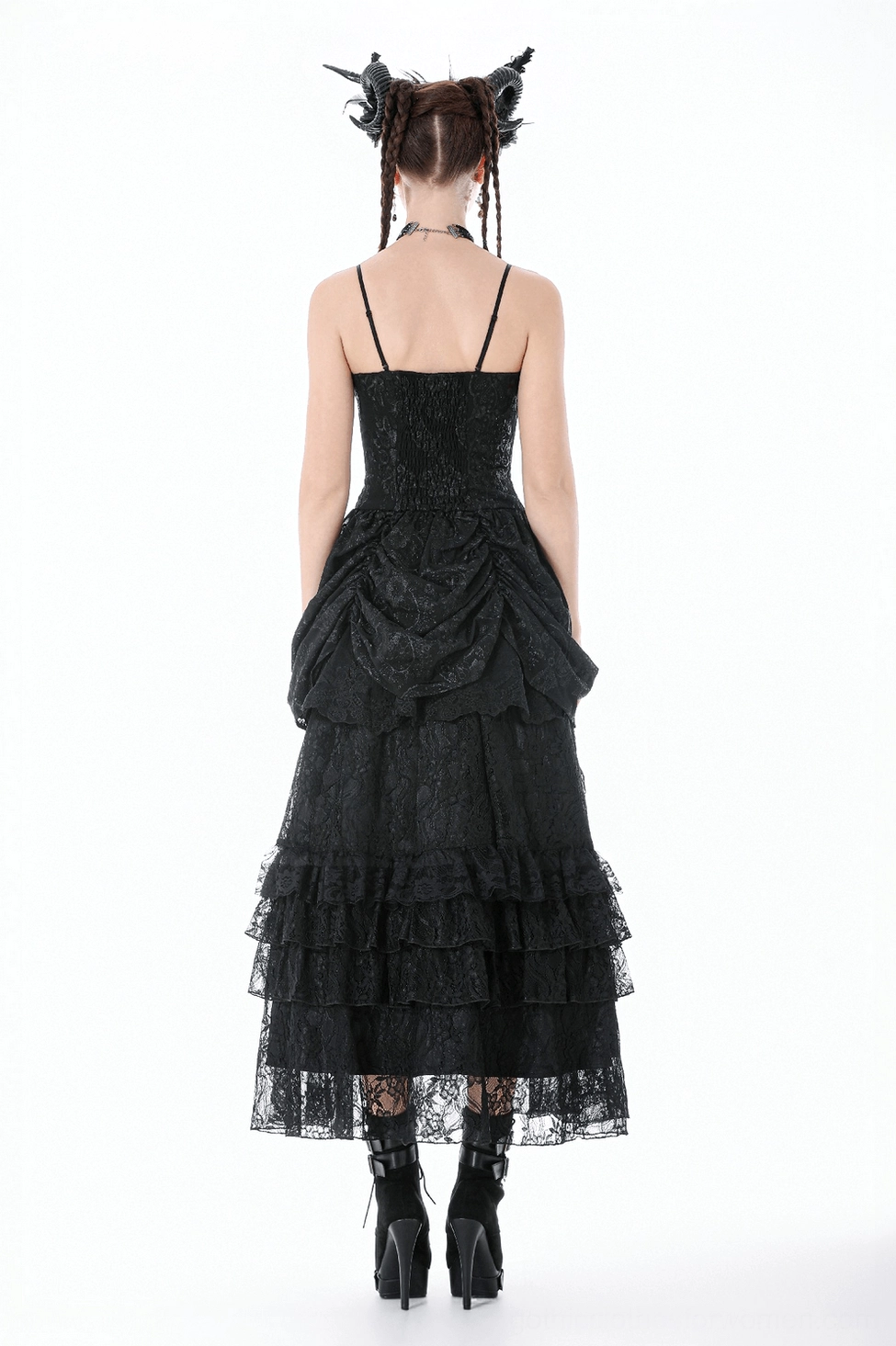Gothic lace dress texture detail shot, showcasing premium delicate lace overlay and construction