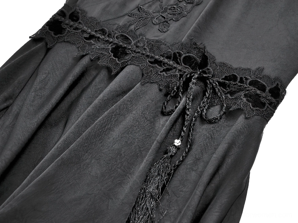 Black gothic lace midi dress waist sash with decorative tassel and embellished details