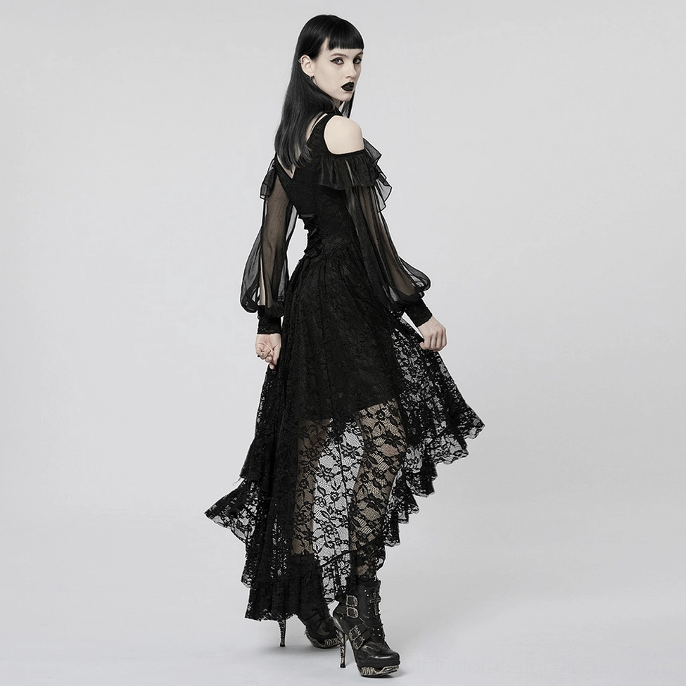 Black gothic lace maxi dress detail shot of waist area, velvet cord, and lace-up back adjustment system