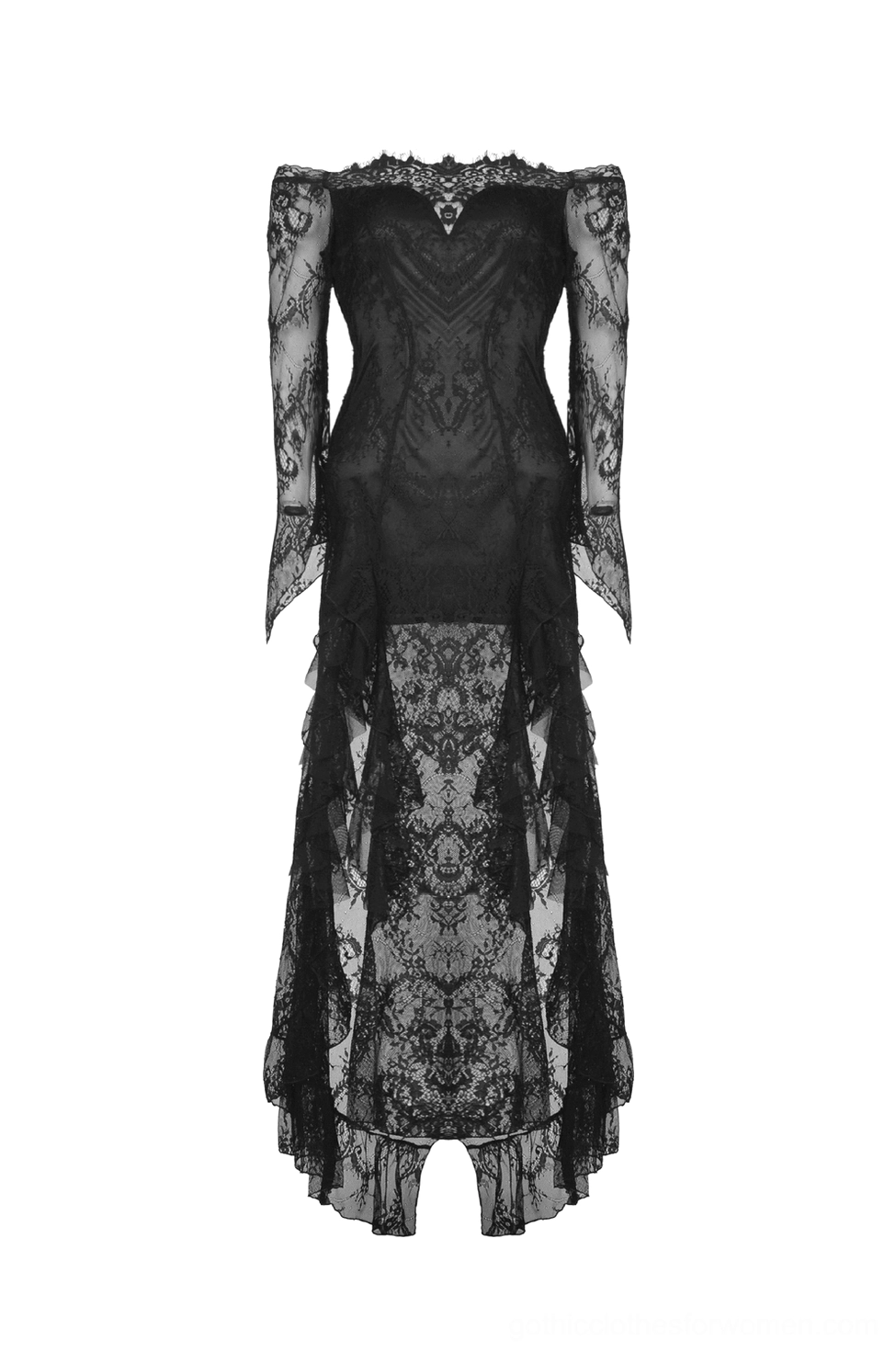 Flat lay front view of black gothic lace evening gown with embroidered floral lace skirt