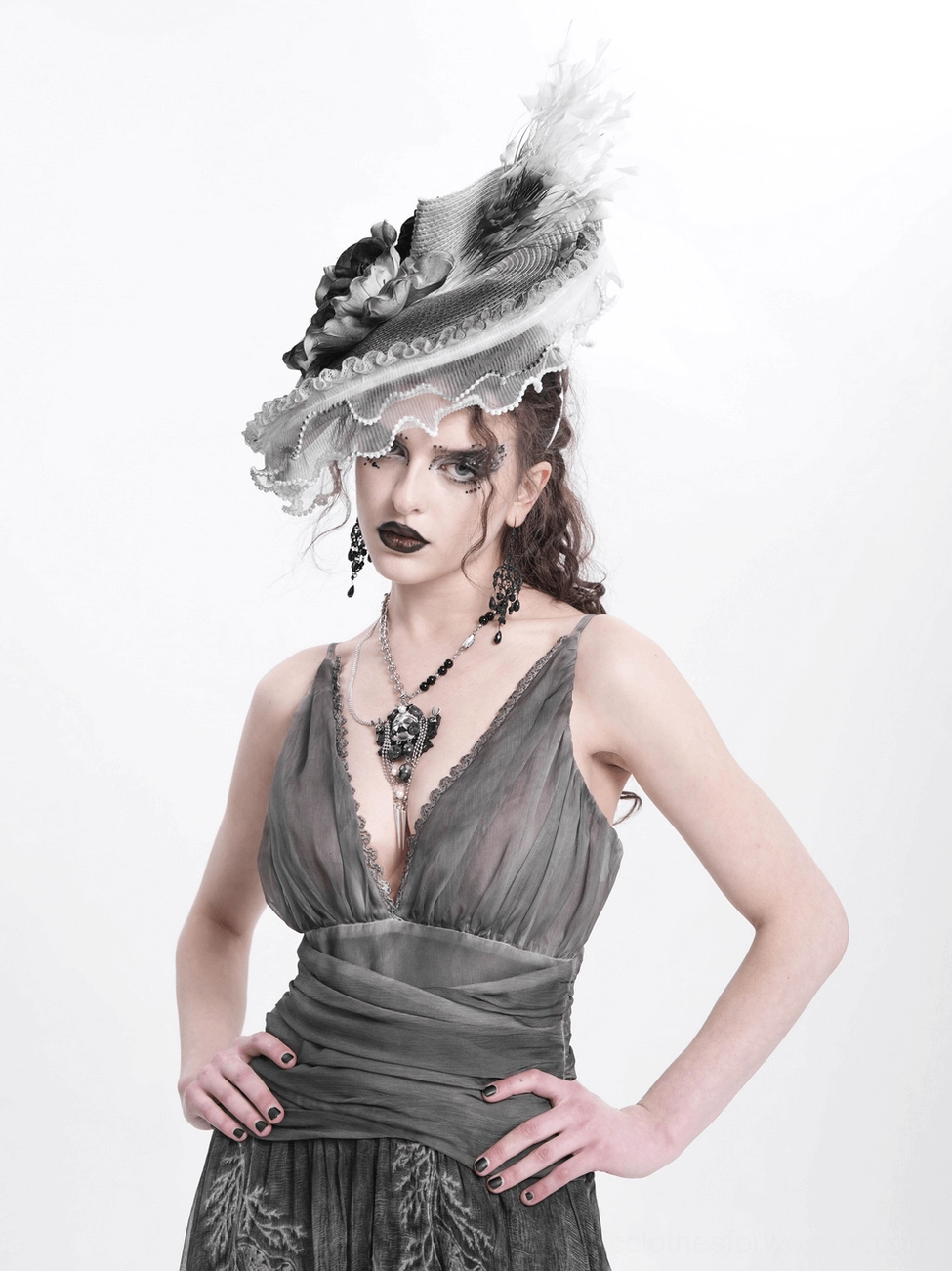 Gothic lace fascinator hat demonstrating lightweight polyester construction and all-day wearability