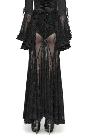 Gothic sheer lace skirt with fishtail hem and open back design, rear full-body view with black lace top