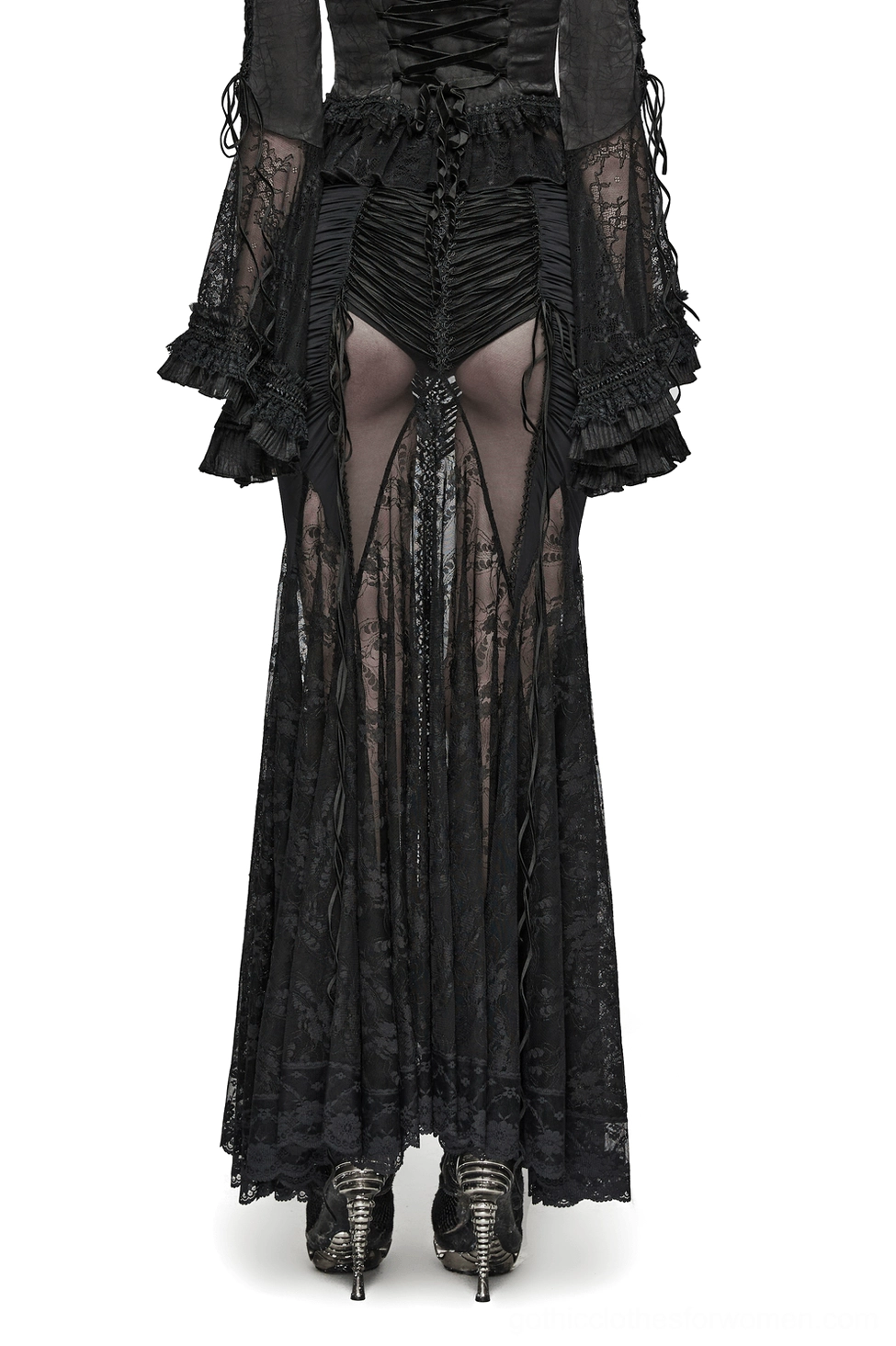 Gothic sheer lace skirt with fishtail hem and open back design, rear full-body view with black lace top