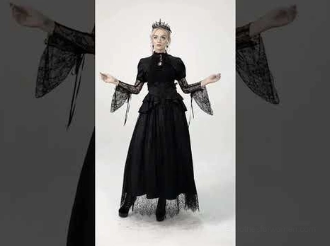 Black gothic formal lace gown with sheer flare sleeves and floor-length scalloped lace hem detail