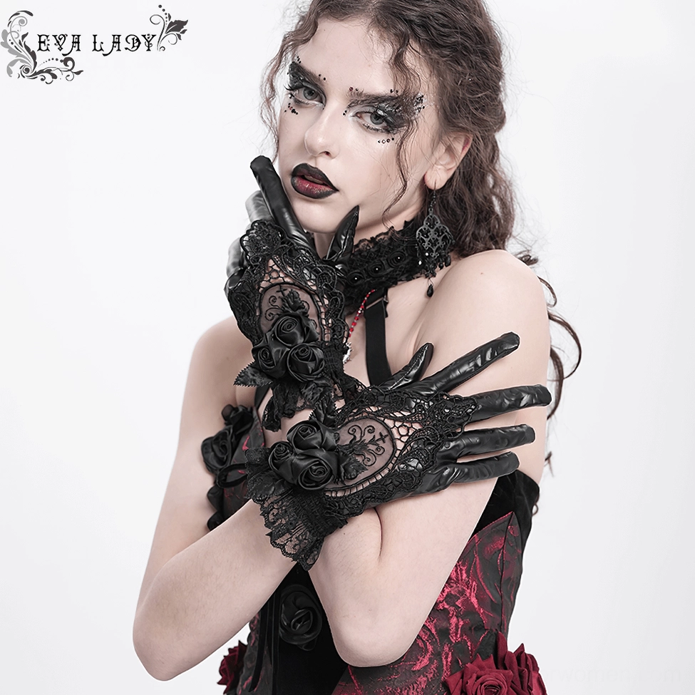 Black lace rose gloves paired with red-black corset goth fashion styling
