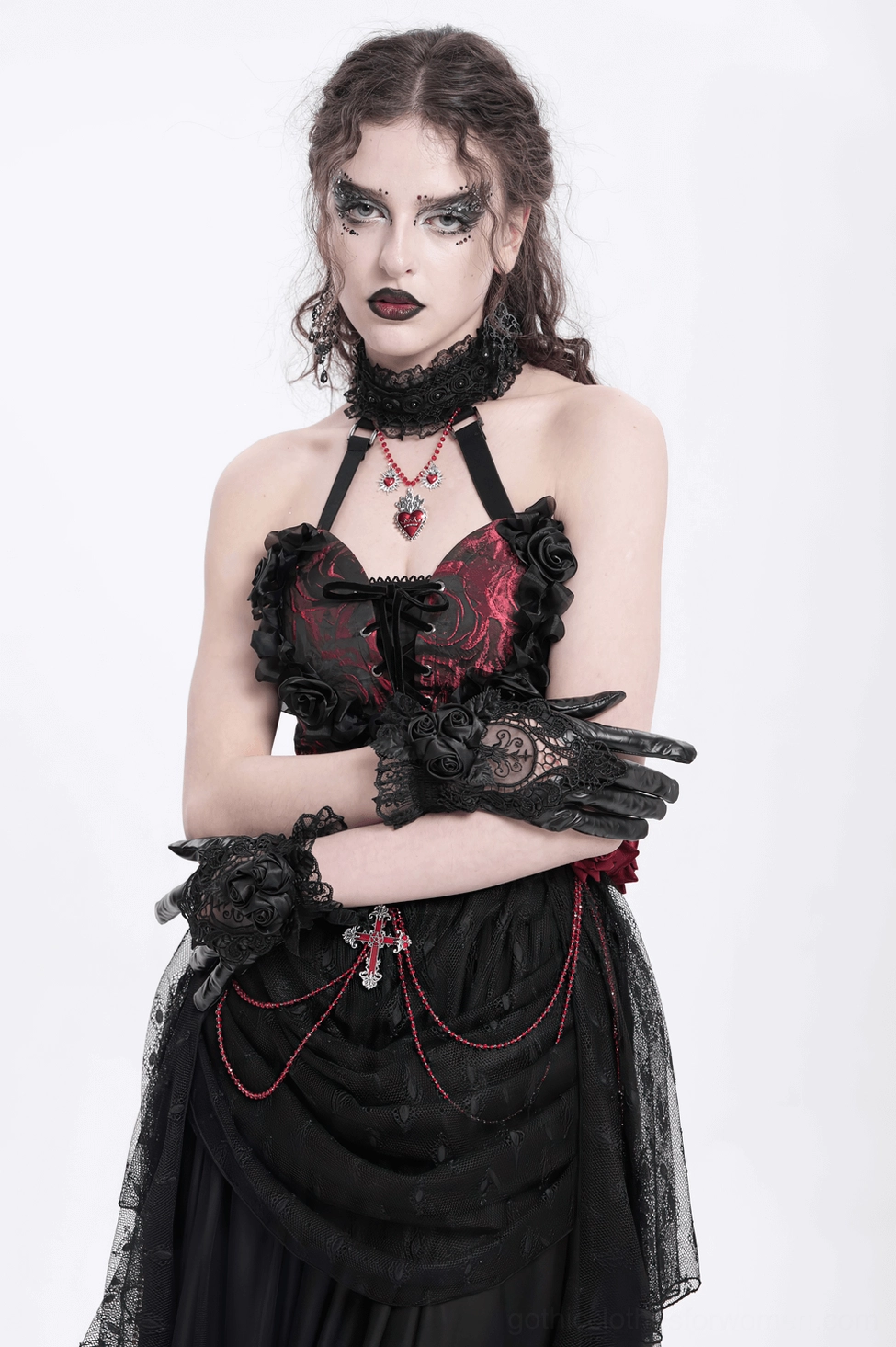 Gothic black lace gloves styled with red-black goth dress and choker necklace full outfit