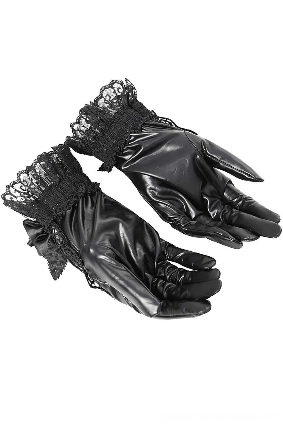 Gothic black lace gloves side view displaying ruffled cuff design and decorative bow