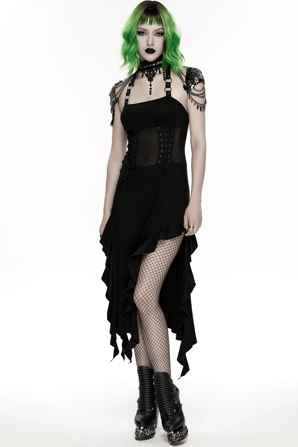 Gothic lace harness choker front center view emphasizing dangling metal tassels and lace webbing texture