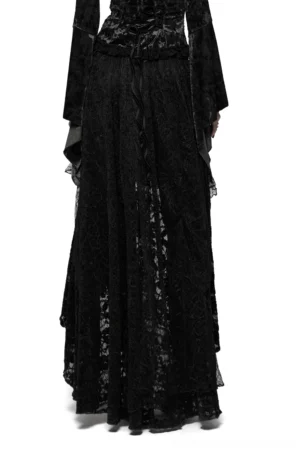 Black gothic lace high-low skirt rear back view displaying flowing lace train and velvet details