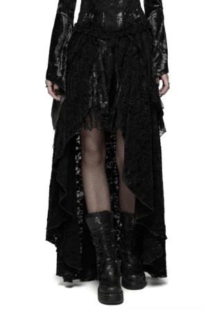 Black lace high-low gothic skirt front view on model showing asymmetrical velvet and mesh layering