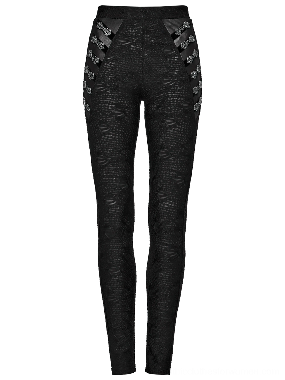 Close-up front view of black embossed lace leggings with ornate silver metal buckle decorations on waist