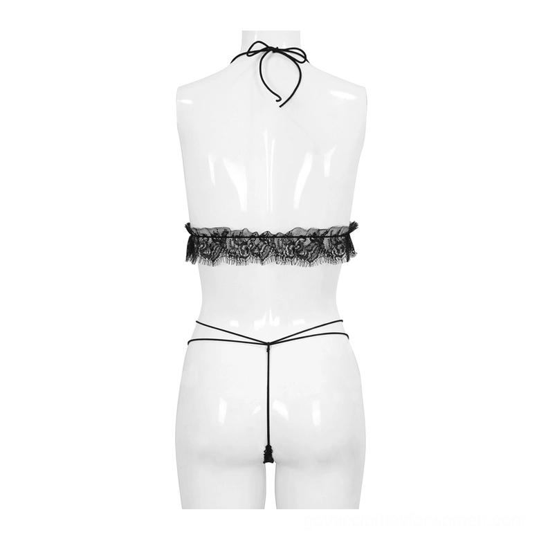Black lace lingerie set back view mannequin halter neck tie open-back thong design