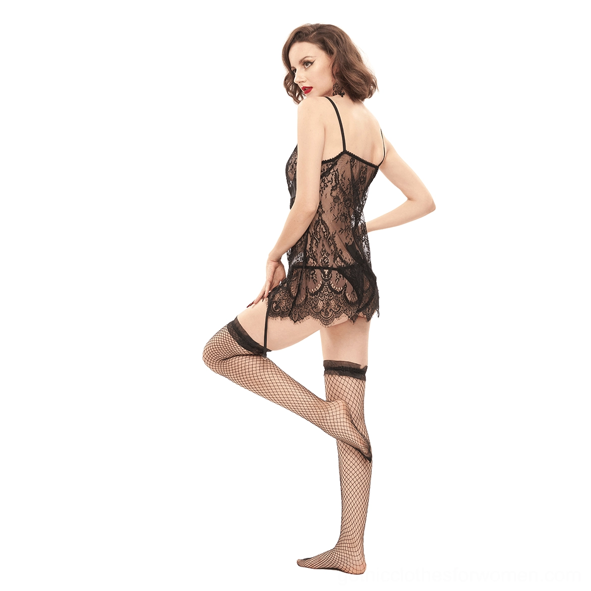 Black sheer lace gothic lingerie set back three-quarter view with irregular hem and garter straps