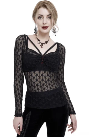 Black sheer lace long sleeve gothic top with red crystal bust embellishments, front three-quarter view on model
