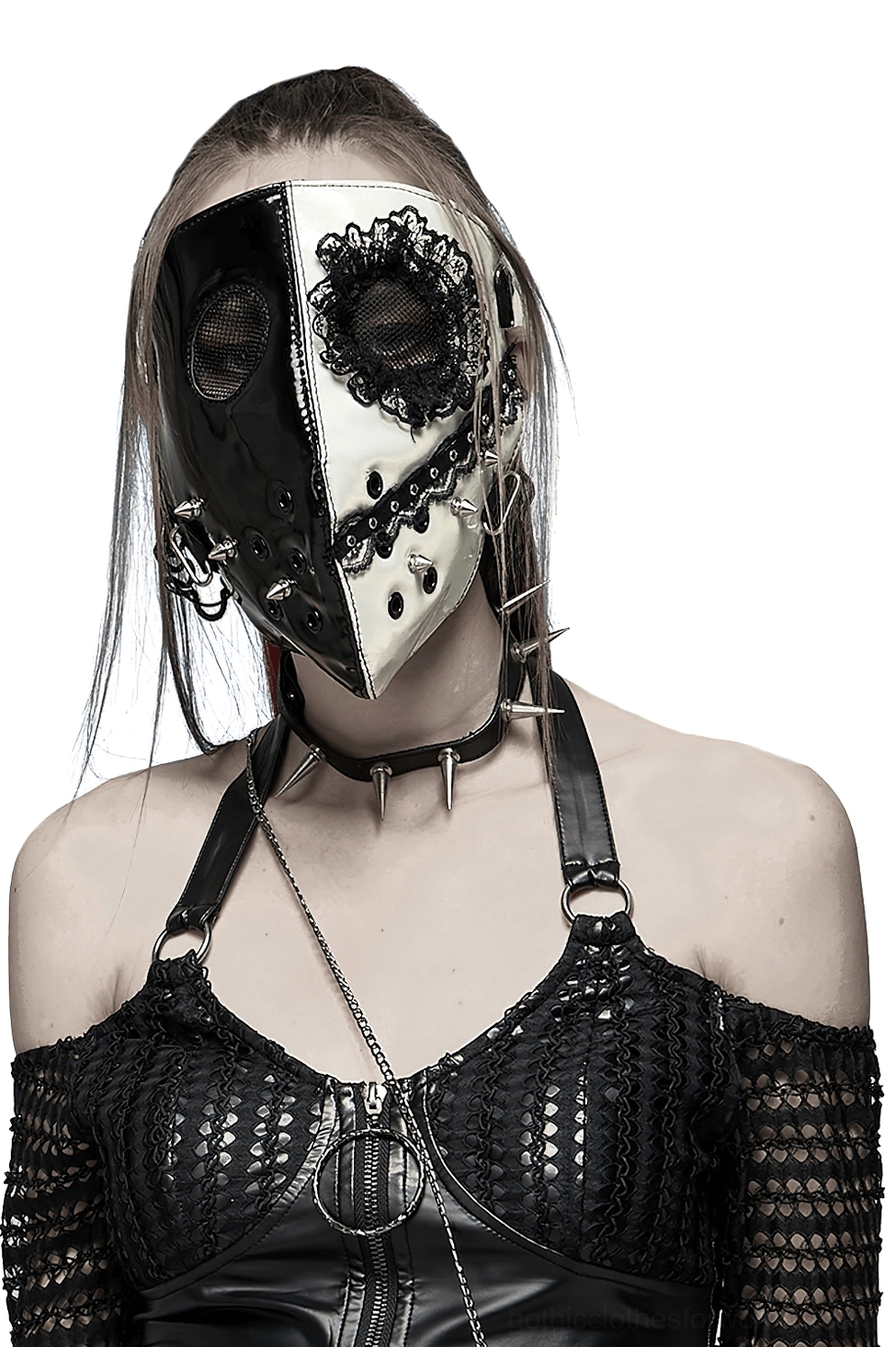 Black and white gothic lace mask worn by model in studio, asymmetric design with spike rivets and mesh eye detail