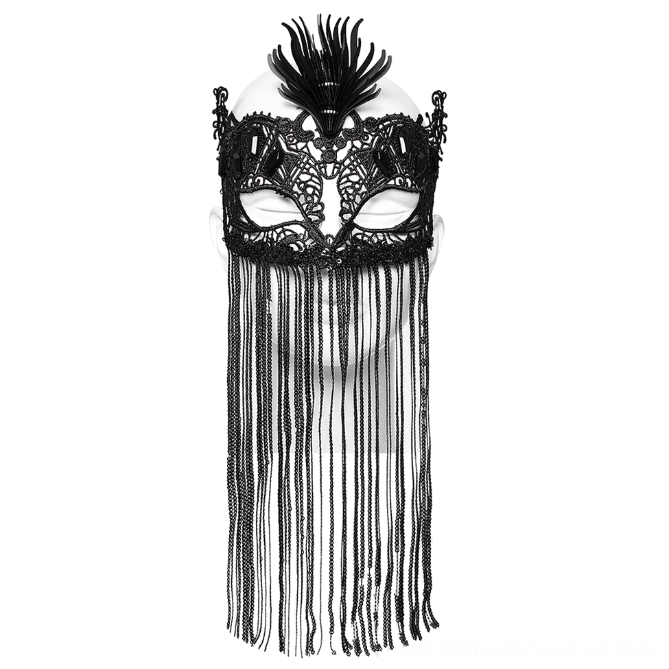 Black gothic lace masquerade mask on display mannequin featuring filigree lace pattern and feather crown ornament