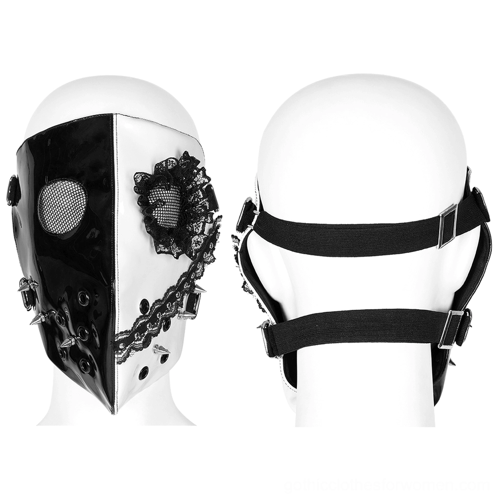 Black and white gothic mask front and back view on mannequin, adjustable elastic head straps dual-tone design