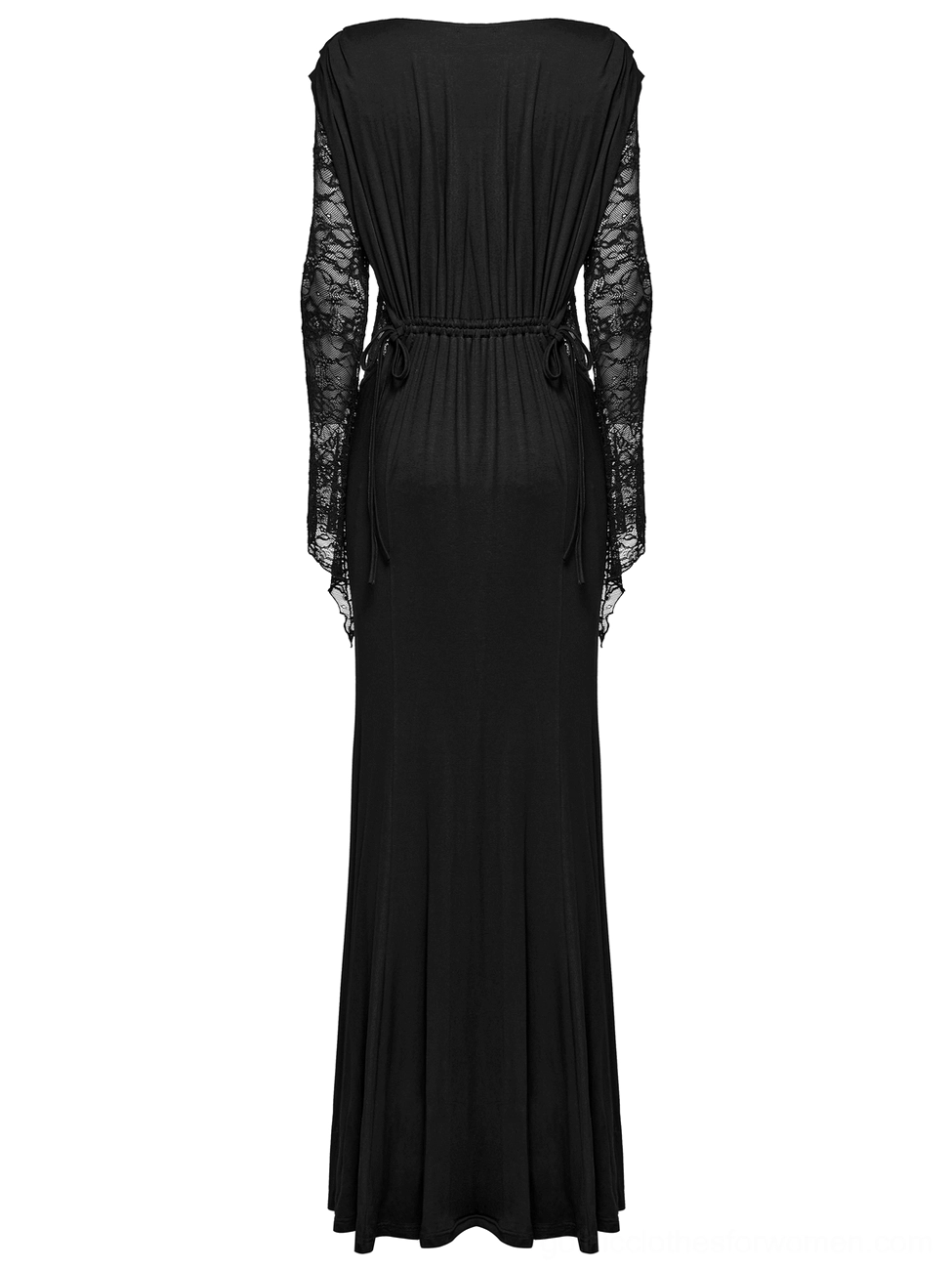 Rear view of black gothic maxi dress displaying backless partial design and drawstring waist ruching