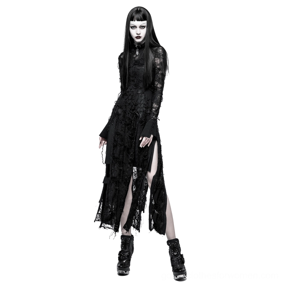 Black sheer lace gothic maxi dress front three-quarter view showing high stand collar, flared long sleeves, and distressed hem on fashion model