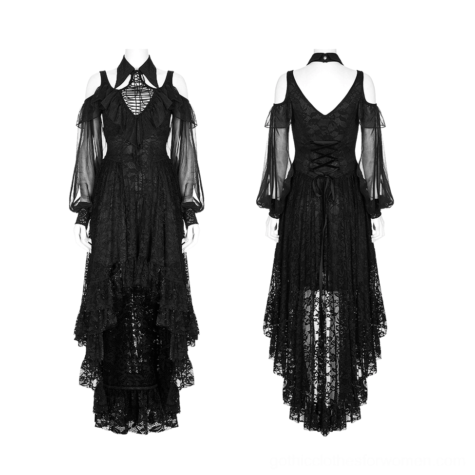 Victorian gothic black lace maxi dress front and back view on dress form, showing choker neckline and corset-style lace details