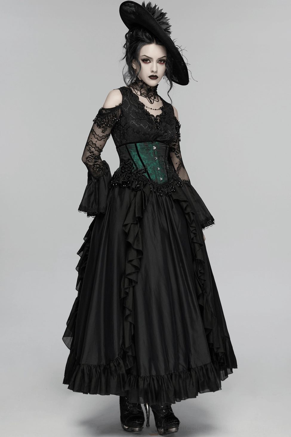 Black gothic lace maxi dress alternative angle view on mannequin, highlighting overall composition, lace layering, and Victorian-inspired silhouette