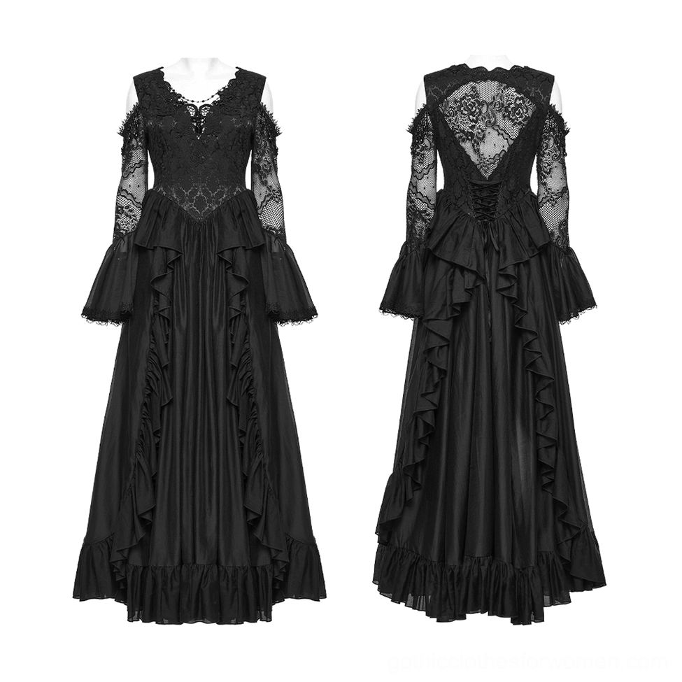 Black gothic lace maxi dress front mannequin view, displaying V-neck lace bodice, long flowing lace sleeves, ruffled floor-length hem, and pearl flower accents
