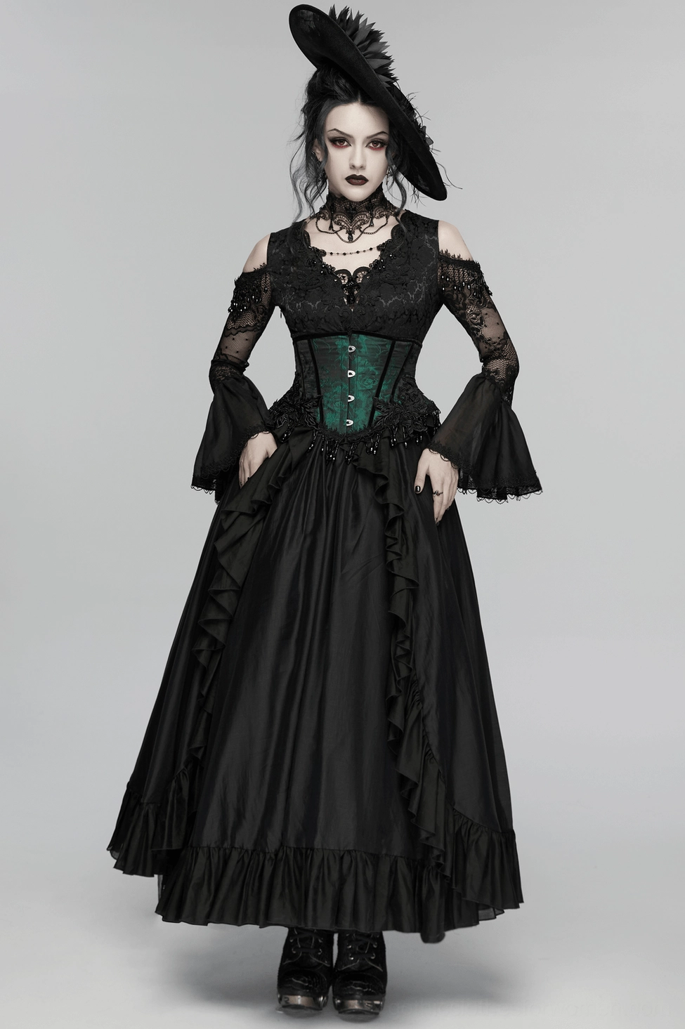 Black gothic lace maxi dress model wearing size XS, showing how garment drapes and fits on body, slim-fitting design, and layered skirt movement