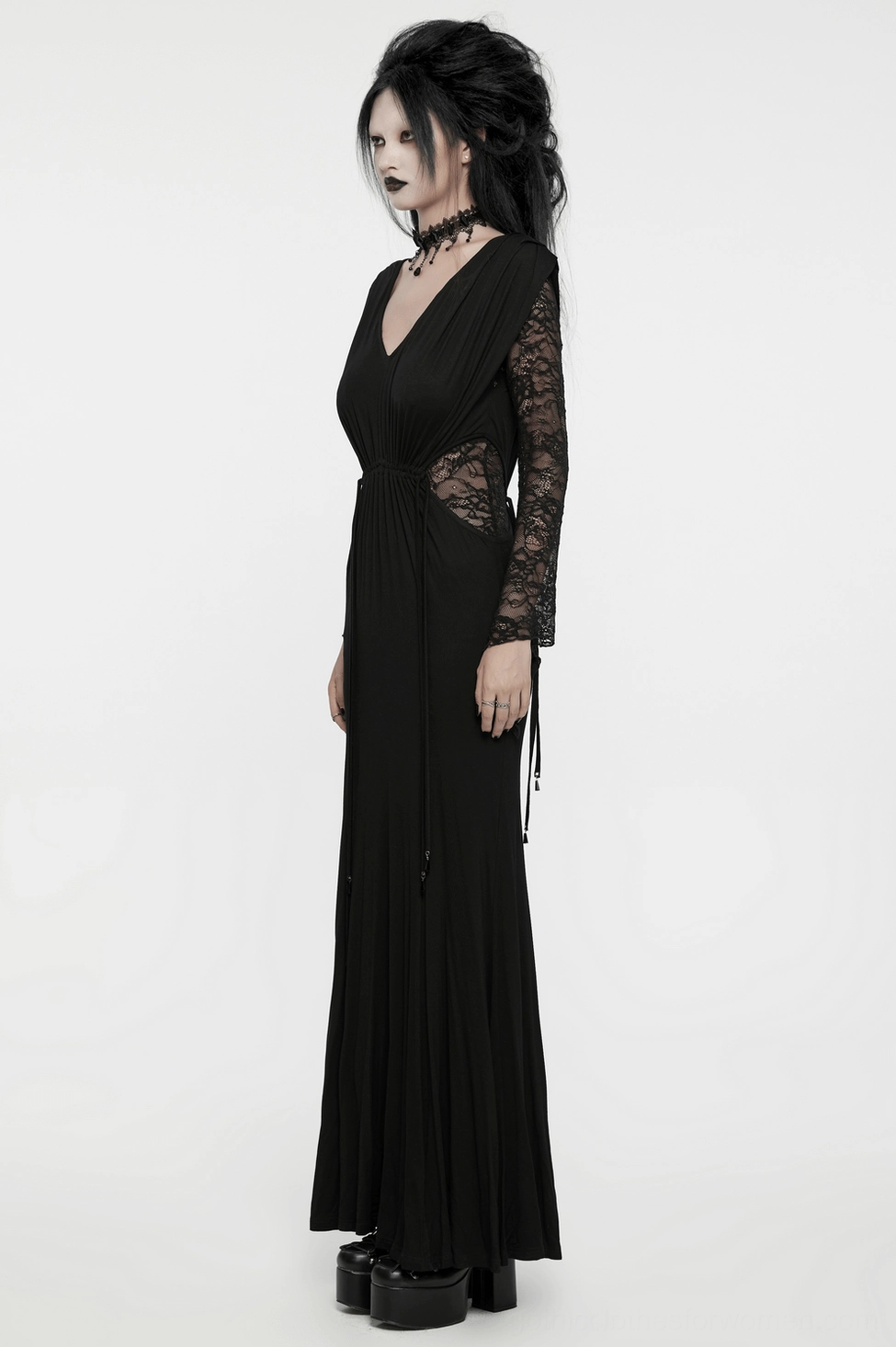 Black gothic lace maxi dress styled with alternative fashion accessories and gothic aesthetic