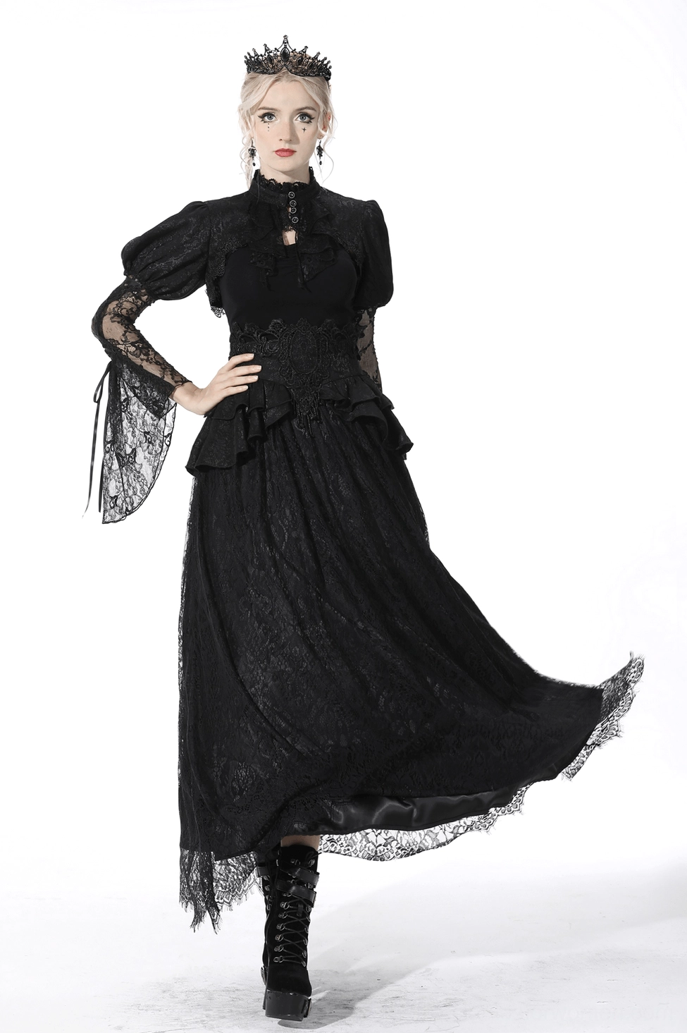 Black gothic lace maxi skirt styled with alternative fashion accessories and high waist cinching